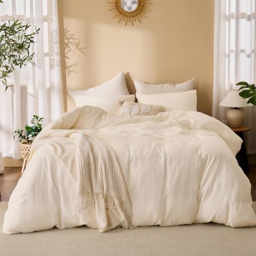 Cream Queen Size Duvet Cover - 100% Sandwashed Cotton, Oeko-Tex Certified, Button & Zipper Closure, Linen-Like Texture, RENEWROOTS