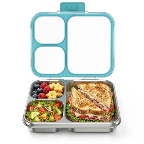 Blue Stainless Steel Bento Lunch Box 3-Compartment 34oz - Leakproof, Food Safe