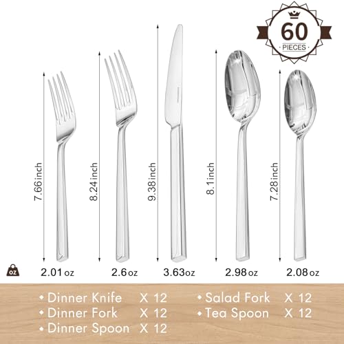 Silver Flatware Set for 12 - 60 Piece Stainless Steel Cutlery - Variation of THIS listing