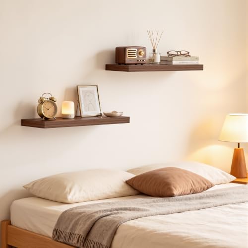 Walnut-Like Floating Shelves 22.5in Set of 2 - Mid-Century Modern Wall Decor