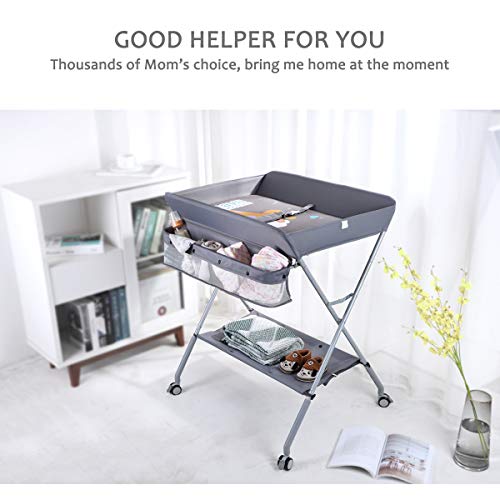 EGREE Portable Folding Baby Changing Table with Wheels & Adjustable Height - Grey