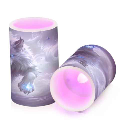 White Wolf with Glowing Blue Eyes Flameless Candles Battery Operated Color Changing LED Candles with Remote Control Timer Outdoor Indoor 2 Pack