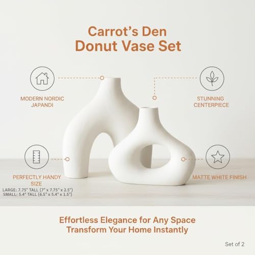 Carrot's Den Ceramic Vase Set of 2 - Warm White Modern Donut Shelf Decor