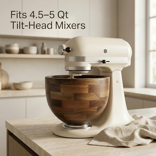 Natural Wood Mixing Bowl for KitchenAid Tilt-Head Stand Mixers - 4.5-5 Qt, Acacia with Stainless Steel Base - Variation of Natural Wood