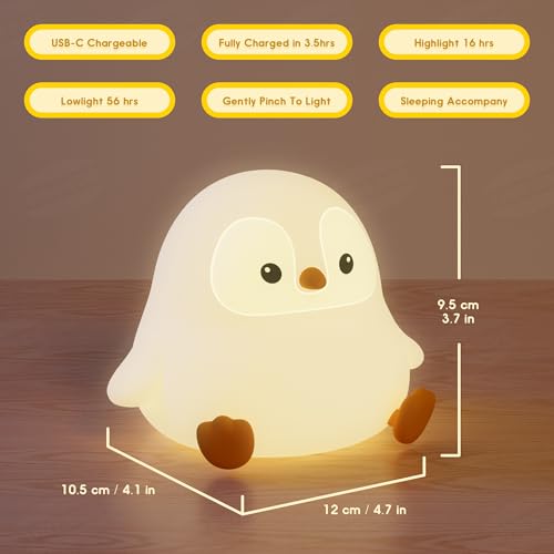 UNEEDE Sitting Penguin Night Light with Removable Floppy Bunny Ears - Silicone Touch Lamp, USB Rechargeable, Dimmable Nursery Light for Kids & Holiday Decor
