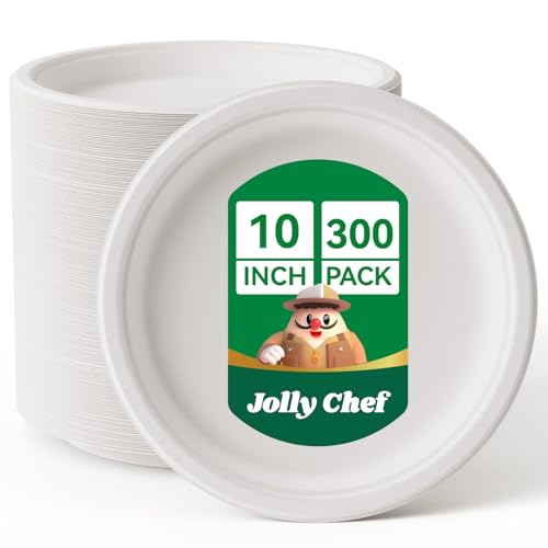 Disposable Eco-Friendly Paper Plates - Heavy Duty 10 Inch, 300 Pack, White, Compostable