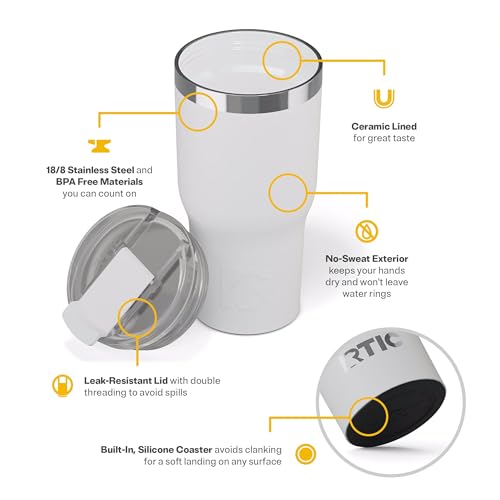 RTIC 30oz Essential Tumbler with Lid, Ceramic Lined, Insulated, Stainless Steel, Metal, Double Wall Vacuum-Insulation, Travel Cup for Iced Coffee, Tea, Hot and Cold Drink, Mistletoe