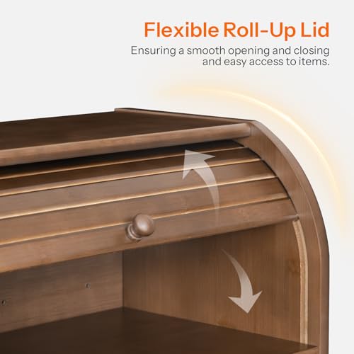 Brown Bamboo Bread Box for Kitchen Countertop, 2-Tier Roll-Top Food Storage