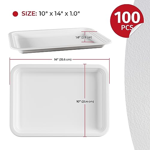 White 14-Inch Heavy Duty Disposable Food Trays - 100 Pack, Compostable Large Plates