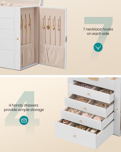 Jewelry Box Organizer 5 Tiers with Mirror & Lock - Cream White, 5-Layer