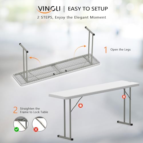 VINGLI 6ft White Narrow Folding Table - Premium HDPE & Sturdy Metal Frame