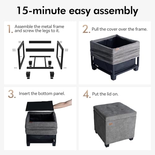 ABHENG Steel Frame Square Storage Ottoman - 17.7" Gray Chenille Cushion