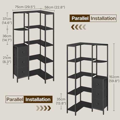 YATINEY Black Corner Bookshelf 5-Tier L-Shaped Bookcase with Fabric Drawers