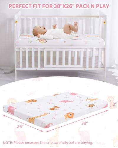 Pink Elephant Pack and Play Mattress - 38 x 26 Inch Portable Waterproof Mini Pad