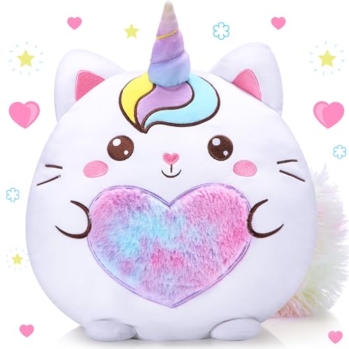 Leyndo Stuffed Unicorn Pillow Plush 14 Inch Cat Plush Toy Unicorn Cat Stuffed Animal Birthday Kitty Plushies Pillow for Christmas Birthday Kids Toddlers Girls Boys Room Sofa Car Decor(Cute)