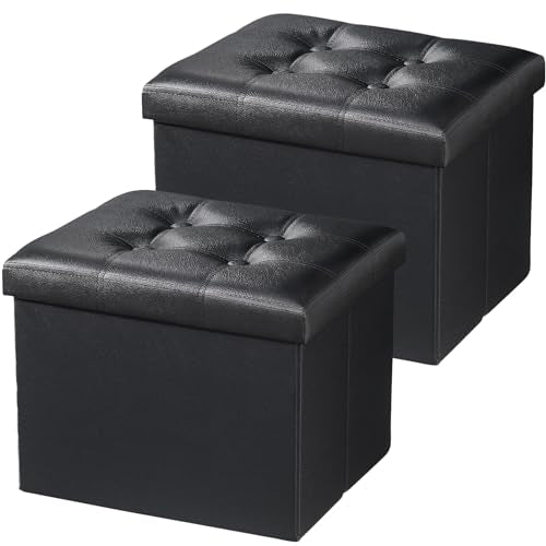 Foldable Storage Ottoman Footrest 17x13x13 inch Black 2 Pack - Leather