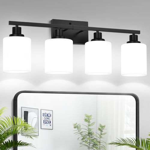 Matte Black 4-Light Bathroom Vanity Light with Milk Glass Shades - Over Mirror Fixture