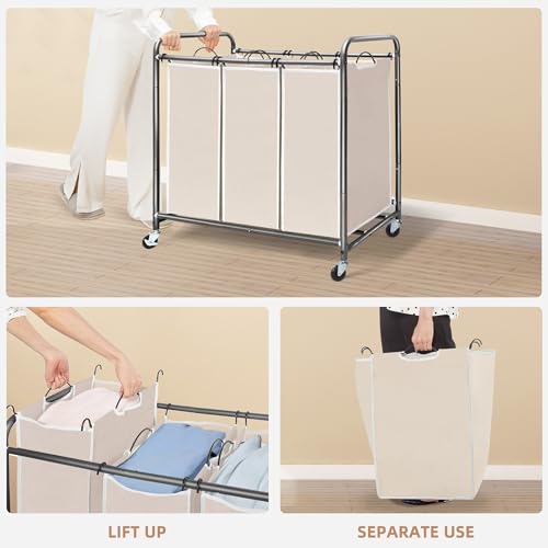 Beige 3-Section Laundry Sorter with Wheels - Storage Maniac Heavy Duty Hamper
