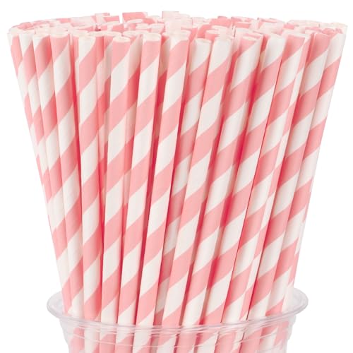 Atiloy 200 Pack Pink & White Biodegradable Paper Straws (Striped) – Disposable Party Drink Straws, Valentine’s/Dessert