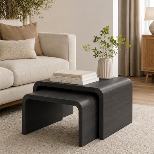 Stead Curved Nesting Coffee Table Set of 2, Modern Wood Tables for
