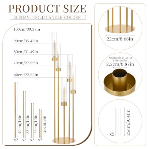 Fullvaseer 4-Pack Gold 5-Arm Tall Floor Candle Holders - Elegant Centerpieces for Weddings & Events
