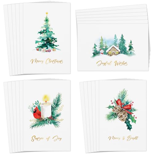 Flyab 24 Watercolor Christmas Cards Set with Gold Foil - Merry & Bright