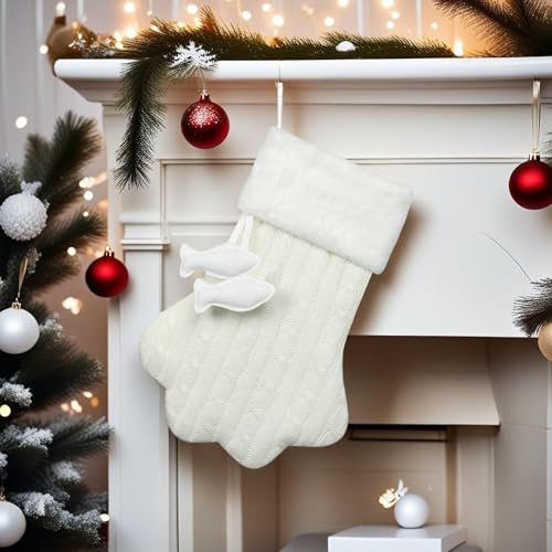 E-FirstFeeling Knit Cat Paw Christmas Stocking with Faux Fur Cuff - White, Large Holiday Decor