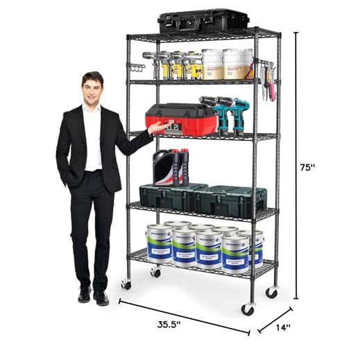 YNN Storage Shelves,1750Lbs 5 Tier Heavy Duty Metal Rolling Shelving