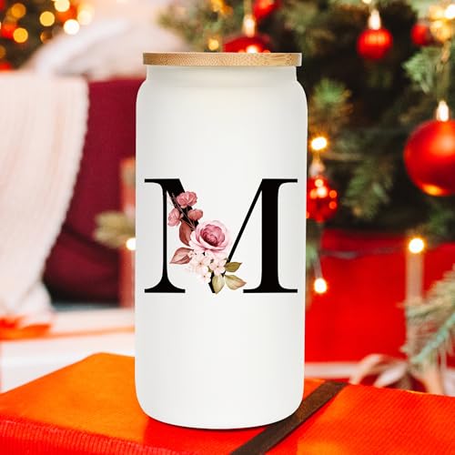 Personalized Monogram Frosted Glass Tumbler with Straw & Lid - Initial R, Custom Coffee Cup Gift for Women
