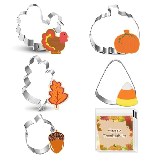 Fall Thanksgiving Feast Cookie Cutters - 5 pieces Large Cookie Cutters Shape - Turkeys, Oak Leaf, Pumpkin, Acorn, Candy Corn for Christmas Food Party Decorations