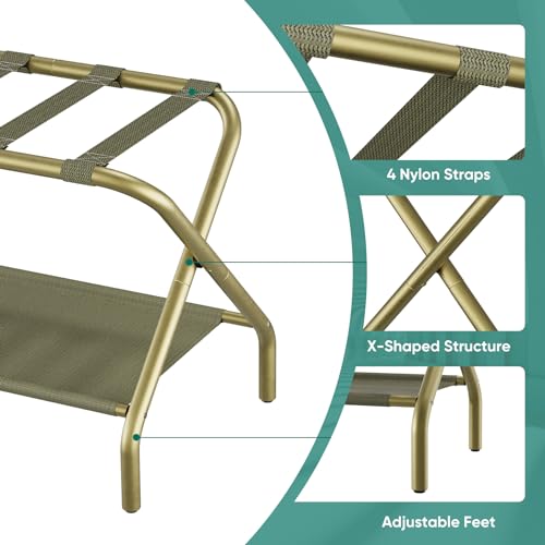 Gold Luggage Rack Set of 2 Foldable Suitcase Stands with Fabric Shelf for Hotel & Bedroom
