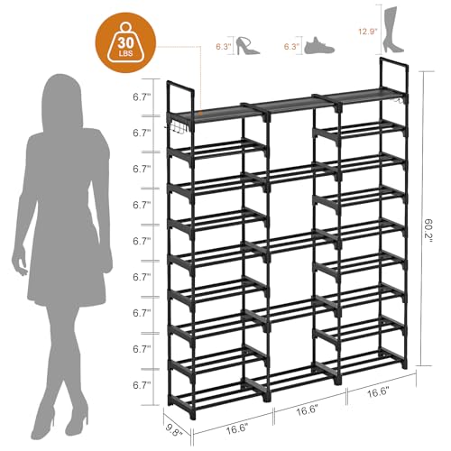 WOWLIVE 9-Tier Stackable Shoe Rack - 50-55 Pairs, Black, 3-Column Design