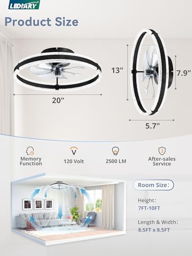 20-Inch Ceiling Fan with Lights and Remote - Black Low Profile Modern Flush Mount