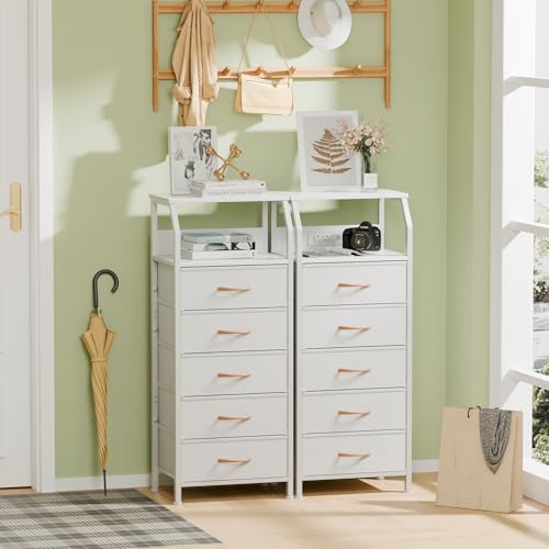 Furnulem 5-Drawer Dresser with Charging Station - White Nightstand