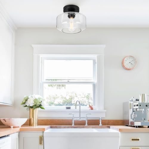 Farmhouse Semi Flush Ceiling Light - Black Seeded Glass Shade, Vintage Style, 8.7-inch Diameter - Space-Saving Industrial Fixture for Hallway & Bedroom