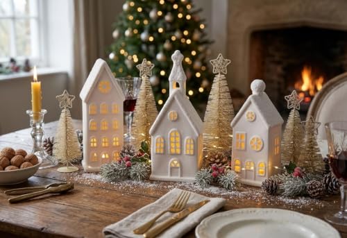 Christmas Village Sets, 8-Piece Modern White Decorations Indoor