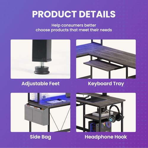 DUMOS Grey 67-Inch L-Shaped Gaming Desk with LED Lighting, Reversible Corner Computer Desk with Keyboard Tray & Storage Shelf