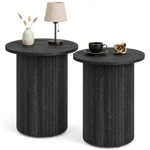 GIANTEX Black Round Fluted Side Table Set of 2 - Modern Pedestal End Tables