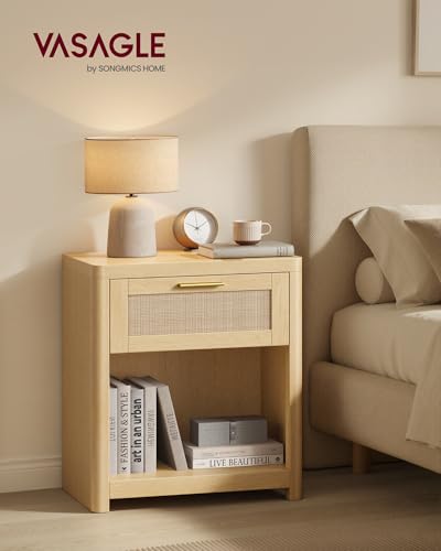 VASAGLE Boho Nightstands Set of 2 - Oak Beige Rattan Look, 15"D x 18.9"W x 23.6"H