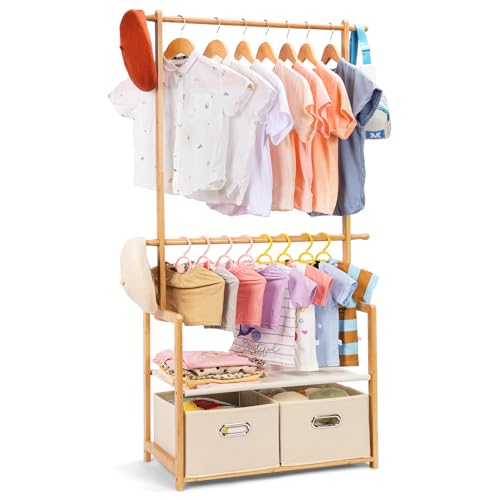 Natural Bamboo Kids Clothing Rack with 2 Storage Baskets & Adjustable Rods — Holds Up to 121 Lbs