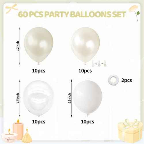 Pearl White Balloons Set, 60PCS Double Stuffed Pearl Balloons, 12 Inch Ivory Sand White Latex Transparent Clear Balloon Helium for Birthday Wedding Engagement Bridal Baby Shower Party Decorations