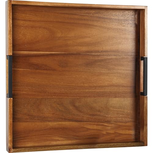 Large Ottoman Serving Tray Natural Wood 20x20 with Metal Handles for Living Room & Kitchen - Joy&Grace