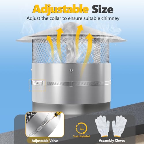 12-Inch Chimney Cap with Screen & Rain Cover, Adjustable Stainless Steel