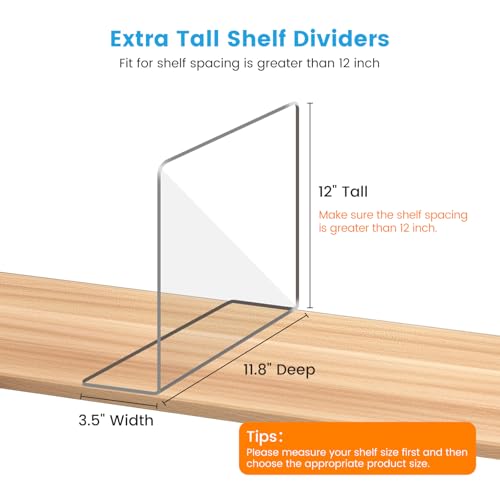 OKPOW 8 Pack Adjustable Clear Acrylic Shelf Dividers - 12" Tall x 11.8" Deep Closet Organizers