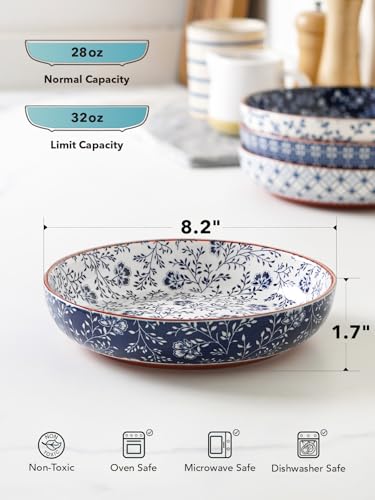LE TAUCI Vintage Blue 32 oz Ceramic Pasta Bowl Set of 4 - Japanese-Style Serving Bowls