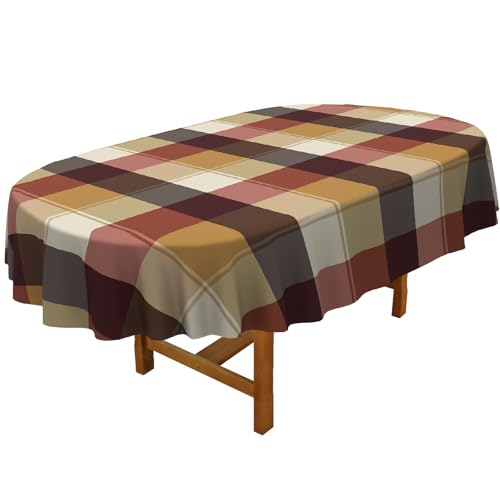 Brown Plaid Oval Tablecloth 60x102 Inch Waterproof Washable Fall Christmas Decor