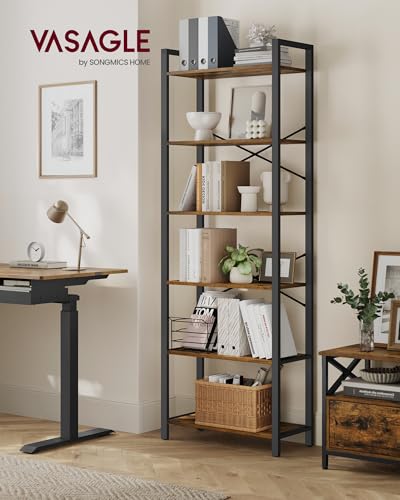 VASAGLE 6-Tier Bookshelf - Rustic Brown & Ink Black Steel Frame, Without Back Panels, Industrial Style, 11.8 x 26 x 73.2 Inches