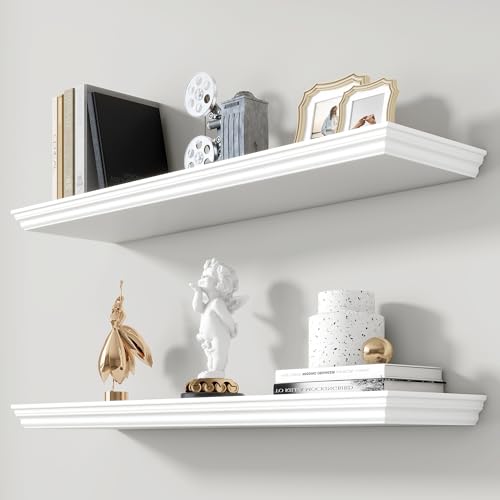 White 36 Inch Floating Shelves Set of 2 with Crown Molding, 9.3" Deep Wall Shelves