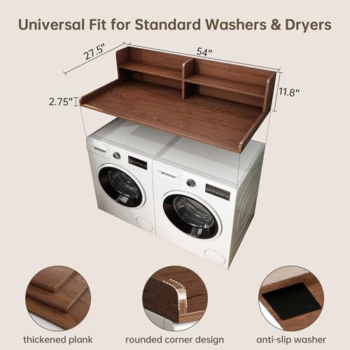 Walnut 2-Tier Laundry Countertop for Washer & Dryer - 54" x 27.5" Storage Shelf, Over Washer Dryer Organization & Folding Station