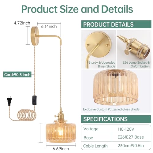 Vintage Wall Sconce Set of 2 with Amber Striped Glass Shade Plug-In Wall Lamps